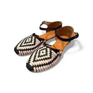 Macarena Authentic Woven Leather Huarache Flats Ankle Strap Black Tan